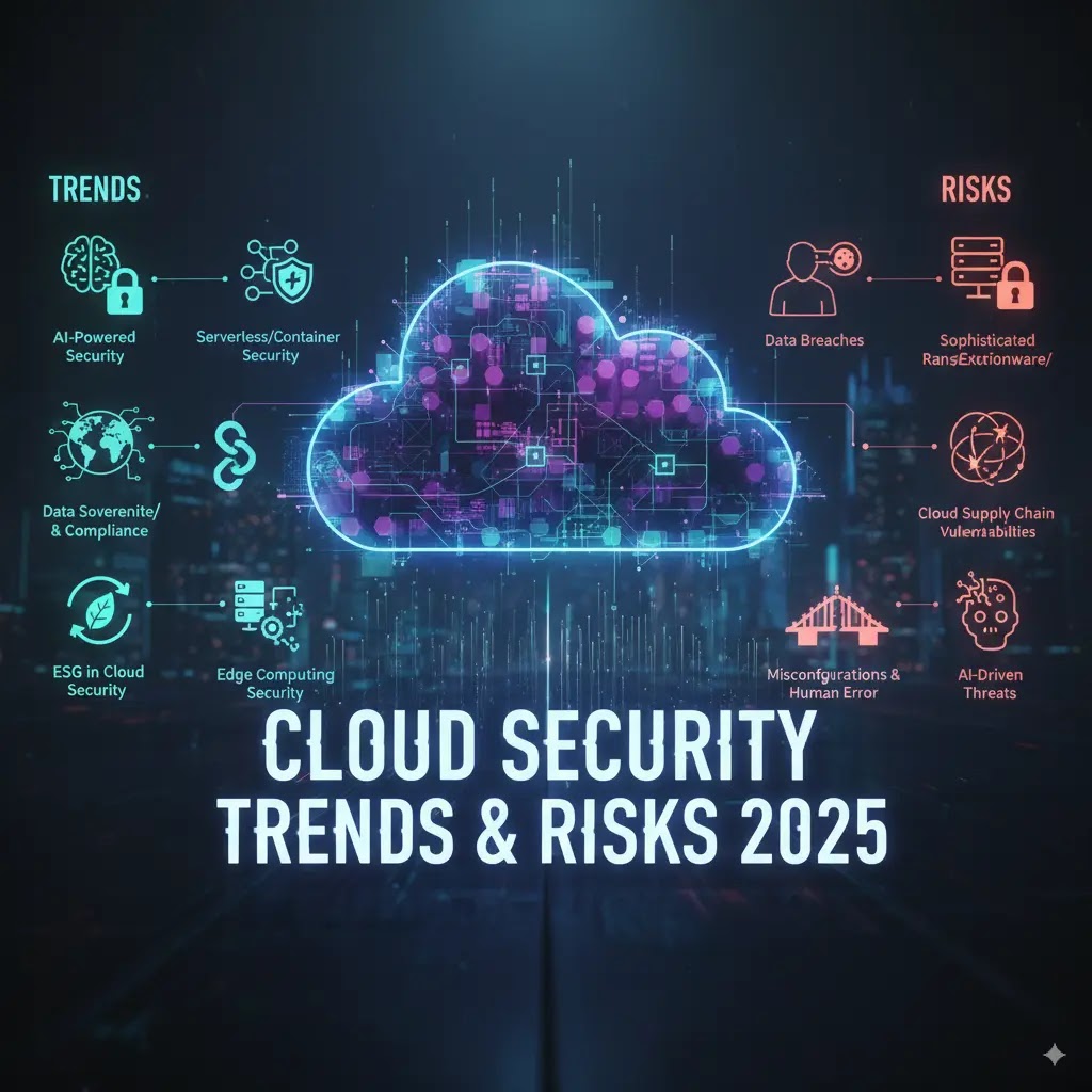 Cloud Security Trends and Risks 2025 infographic showing AI-powered security, ransomware, data breaches, and supply chain vulnerabilities