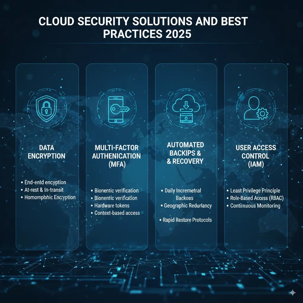 Cloud Security Solutions and Best Practices 2025 infographic showing encryption, multi-factor authentication, backups, and access control