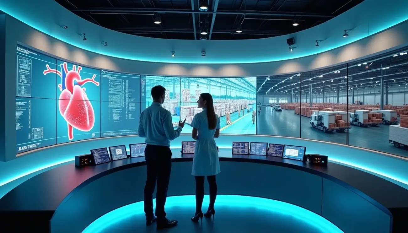 Illustration of digital twin technology showing professionals analyzing a virtual model of healthcare and supply chain operations on large digital screens.