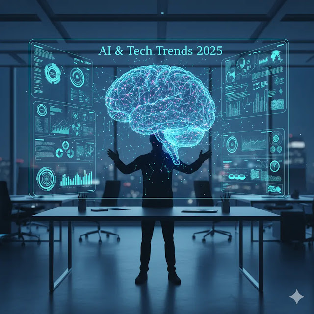 AI & Tech Trends 2025 — The Future of Artificial Intelligence and Technology Innovation A realistic office scene featuring a person interacting with a holographic 3D brain made of digital data networks. The image symbolizes artificial intelligence, data visualization, and future technology trends shaping 2025.