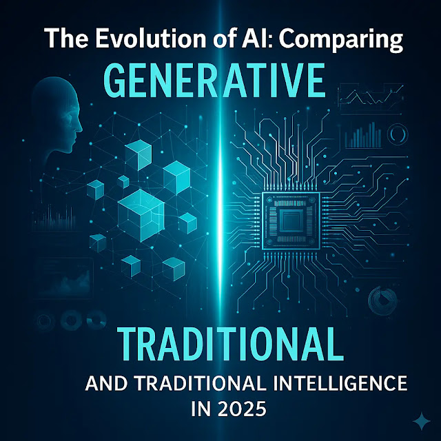 A futuristic digital illustration showing the contrast between Generative AI and Traditional AI in 2025, featuring a glowing 3D brain connecting two sides — one creative and colorful, the other analytical with data circuits, symbolizing the fusion of creativity and logic in artificial intelligence.